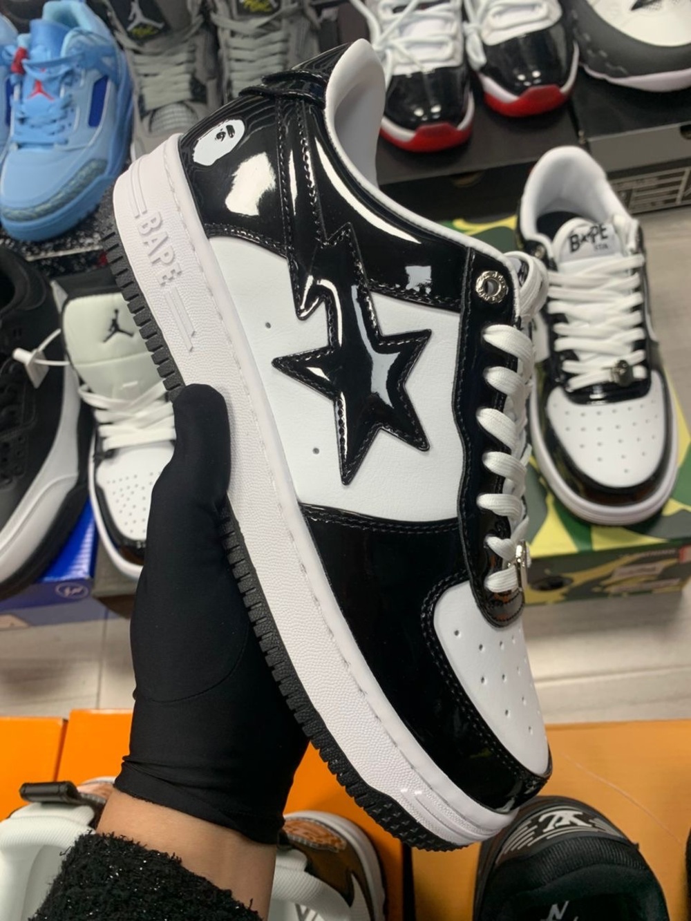 Bape STA Low Top Sneakers in White and Black Patent - Picture 4 of 5